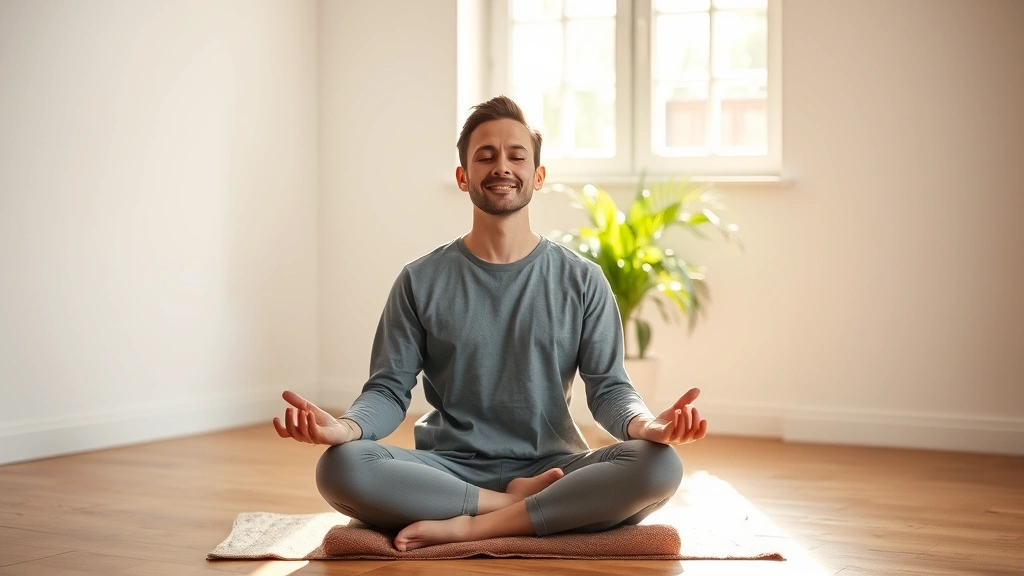 Person meditating in calm indoor space, cross-legged on cushion, natural light from window, peaceful facial expression, plant in background, morning light, serene atmosphere