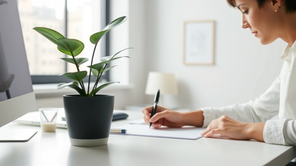 Organized minimalist workspace with potted plant, clean desk surface, natural light from window, person working intently with pen and paper, professional yet calm atmosphere