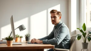 Person sitting at minimalist desk with natural light from window, focused on work, clean organized workspace with plants, calm concentrated expression, wooden desk, soft neutral background