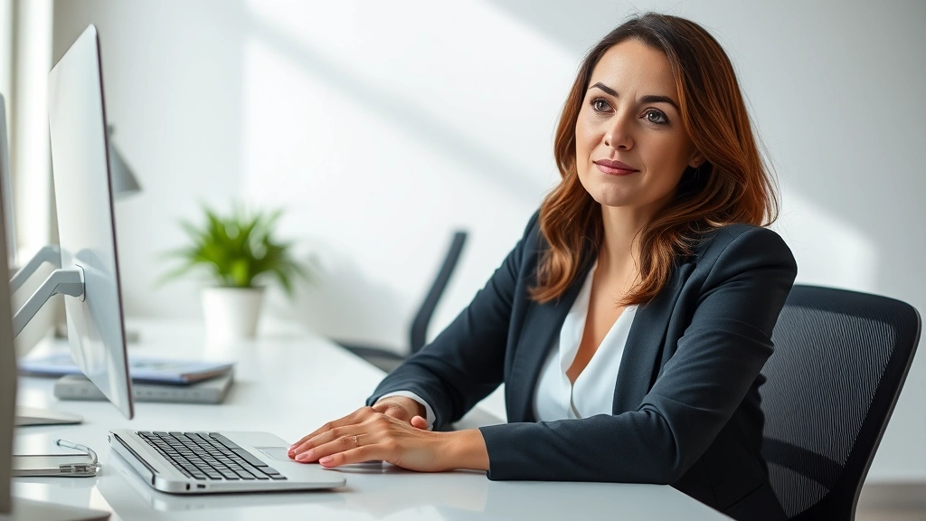 Professional woman sitting at desk in bright office space, hands relaxed on desk surface, calm focused expression, natural daylight illuminating workspace, minimalist desk with few items, serene concentration