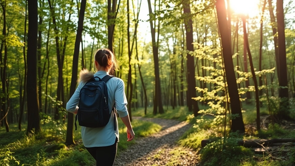 Someone taking a walking break in natural forest environment with dappled sunlight, peaceful mindful movement, trees and greenery, outdoor attention restoration scene
