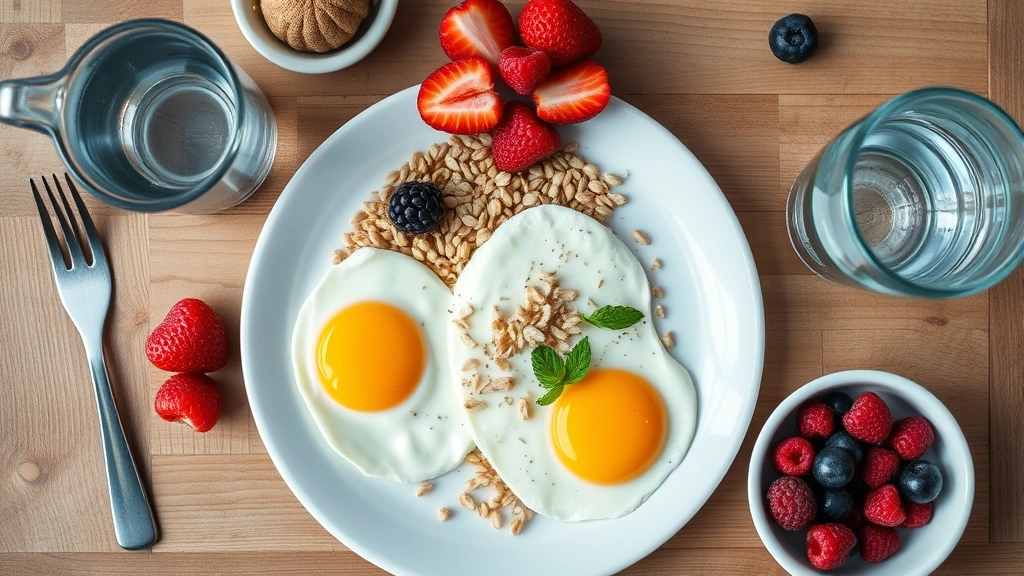 Top-down view of healthy breakfast with eggs, whole grains, berries, and water glass on wooden table, morning meal setup for cognitive performance and sustained focus