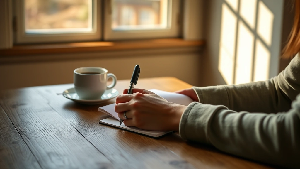 Person writing in journal at wooden desk with morning sunlight streaming through window, coffee cup visible, focused expression, warm ambient lighting, productivity aesthetic, natural materials