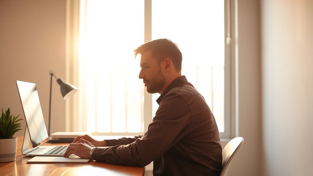 Person in deep concentration at minimalist wooden desk, morning sunlight streaming through large window, completely focused expression, clean workspace with only essential items, warm and professional atmosphere, photorealistic