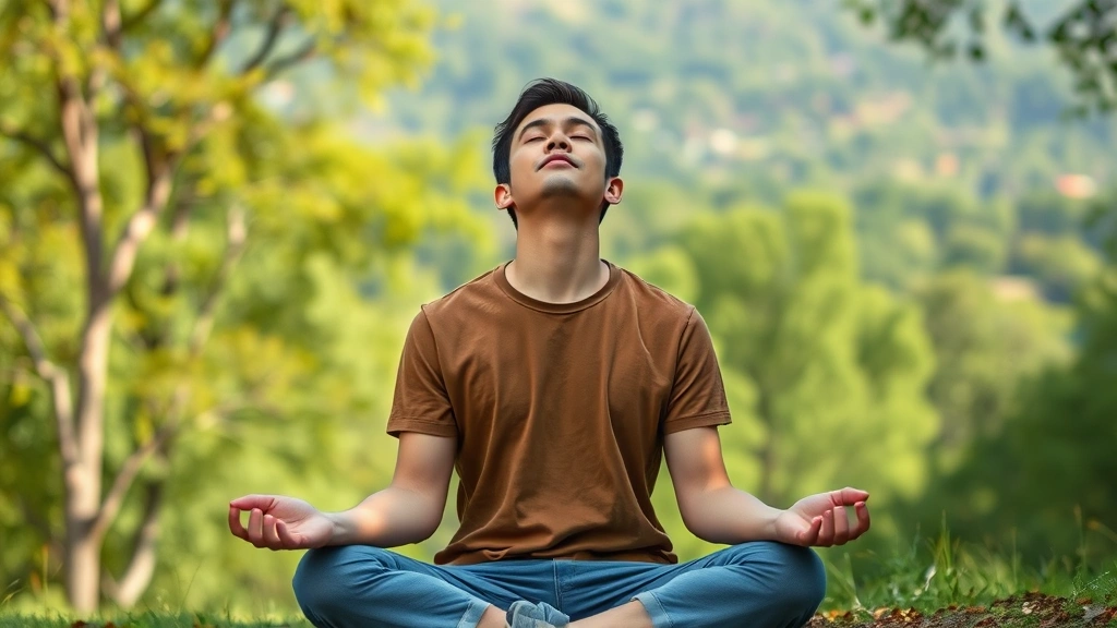 Individual taking mindful break in nature, sitting peacefully outdoors with eyes closed, green trees and natural landscape background, embodying strategic rest and recovery, serene and rejuvenating mood, photorealistic