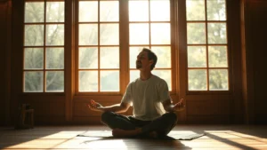 A person meditating peacefully in morning sunlight through a large window, serene expression, natural wooden interior, calm and focused atmosphere, photorealistic