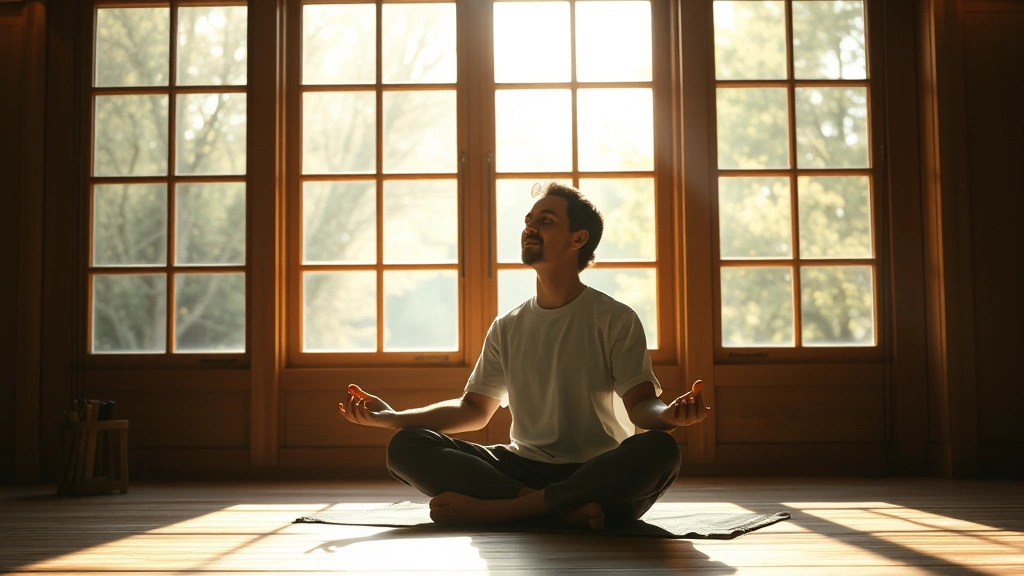 A person meditating peacefully in morning sunlight through a large window, serene expression, natural wooden interior, calm and focused atmosphere, photorealistic
