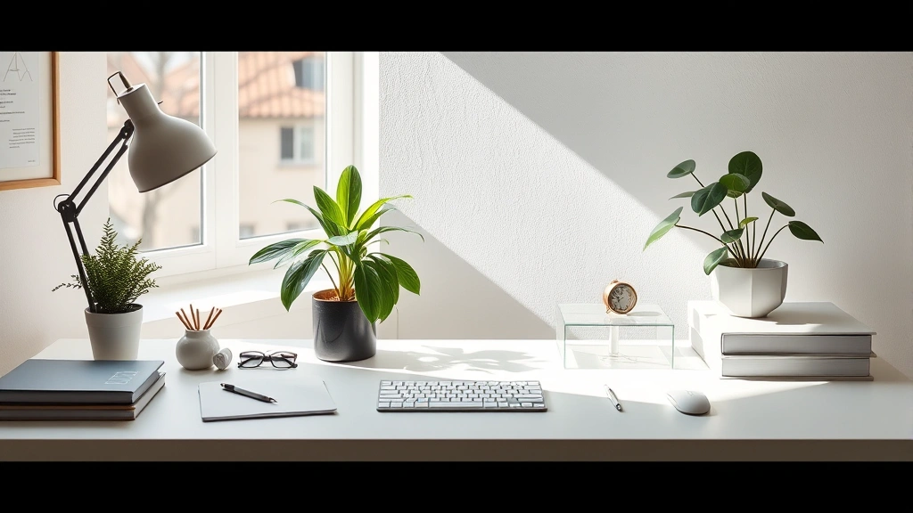 An organized minimalist workspace with natural light, single focus object, plants, clean desk surface, no clutter or distractions visible, professional calm environment