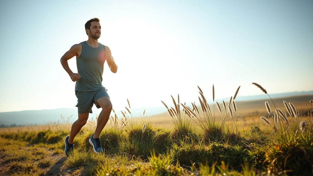 A person running or exercising outdoors in natural landscape, morning light, determined but peaceful expression, strength and mental clarity evident, photorealistic wellness scene