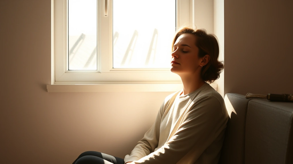 Person sitting peacefully in morning sunlight by window, serene facial expression, natural light streaming across face, minimalist background, focused and calm demeanor