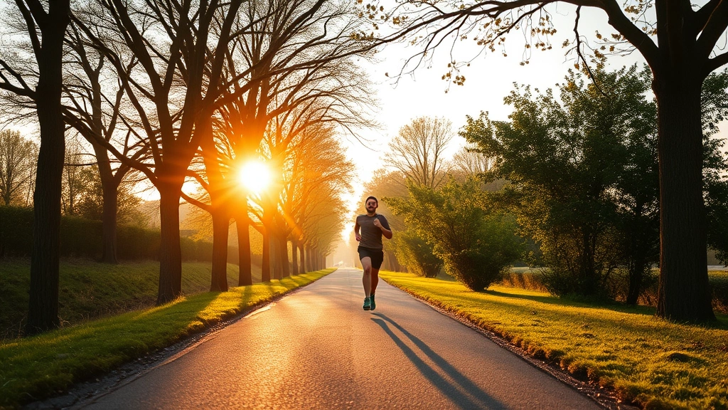 Individual jogging on tree-lined path during golden hour, athletic posture, natural surroundings, peaceful expression, movement and vitality captured