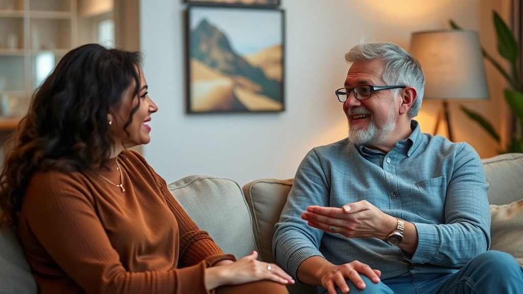 Two people having meaningful conversation in comfortable setting, genuine connection visible, warm lighting, relaxed body language, authentic interaction