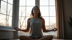 Person in peaceful meditation pose by large window with natural morning light, serene expression, calm indoor environment, no distractions visible, photorealistic