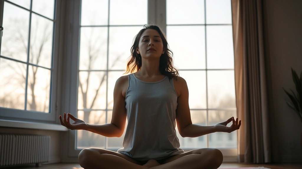 Person in peaceful meditation pose by large window with natural morning light, serene expression, calm indoor environment, no distractions visible, photorealistic