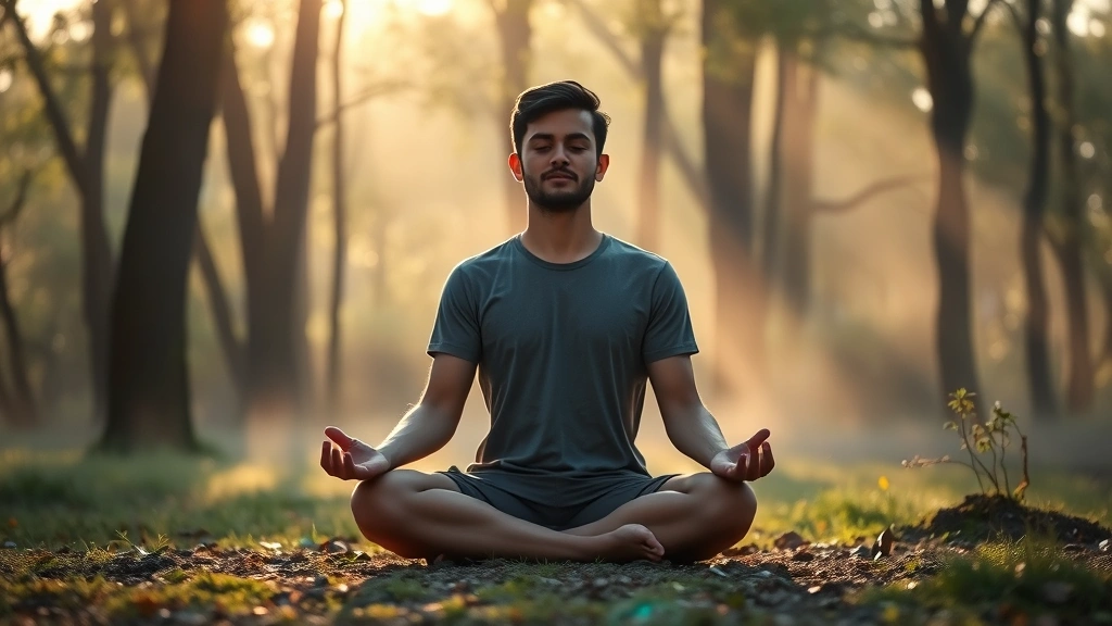 Person meditating in peaceful natural setting with soft morning light filtering through trees, serene expression, sitting cross-legged on ground, mist in background, photorealistic, peaceful atmosphere