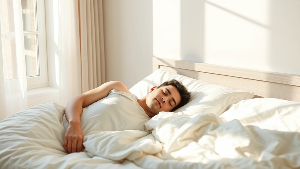 Person sleeping deeply in comfortable bed with soft natural light from window, relaxed posture, clean minimalist bedroom environment, morning sunlight, photorealistic, restful scene