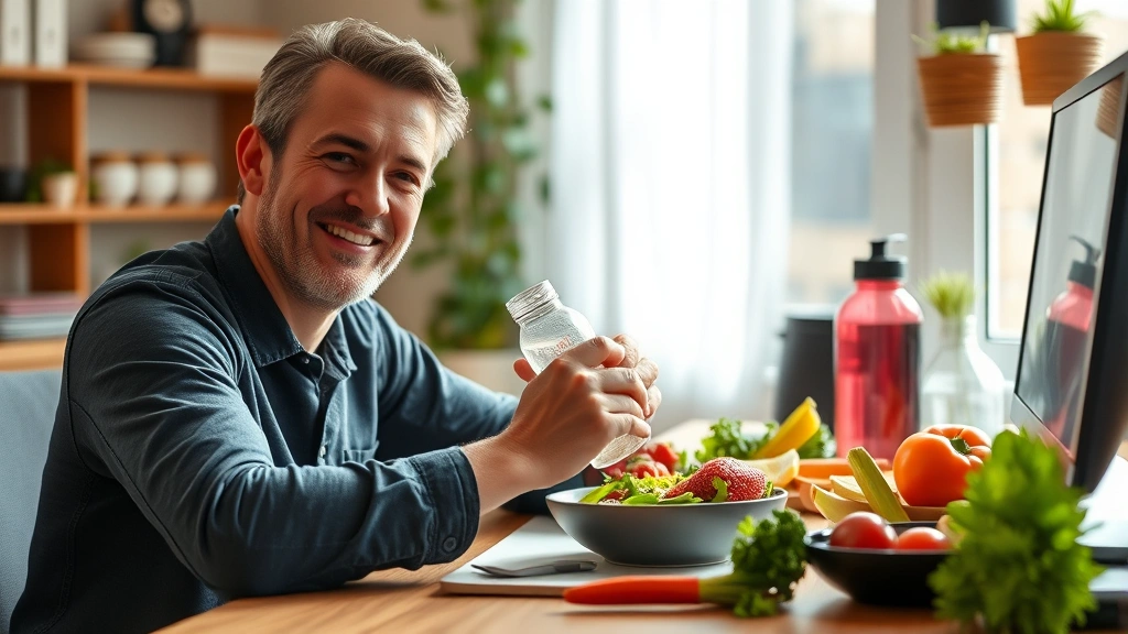 Person enjoying healthy meal at desk with water bottle, fresh vegetables and whole foods visible, bright natural lighting, satisfied expression, photorealistic