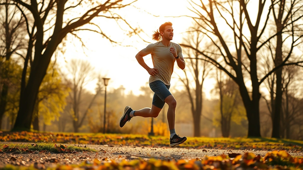 Person running outdoors through park or natural landscape with trees, morning or golden hour lighting, athletic posture, natural scenery, photorealistic, energetic movement