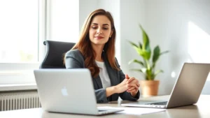 Professional woman in bright office sitting at desk with closed laptop, hands folded, eyes focused forward, natural window light, peaceful expression, no screens visible, minimalist workspace