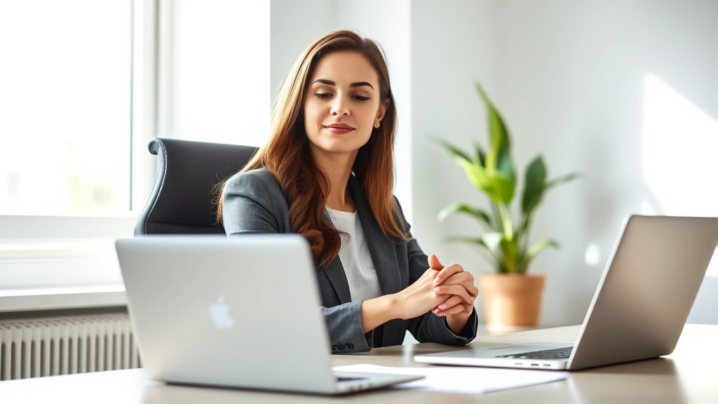 Professional woman in bright office sitting at desk with closed laptop, hands folded, eyes focused forward, natural window light, peaceful expression, no screens visible, minimalist workspace