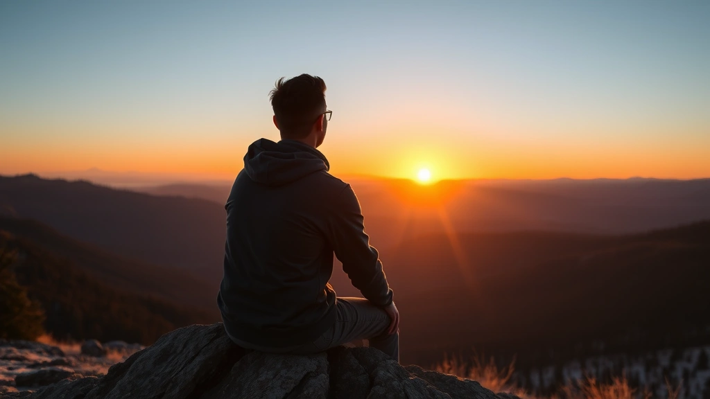 Person sitting peacefully on mountain overlook at sunrise, Colorado landscape, clear sky, calm expression, natural lighting, photorealistic