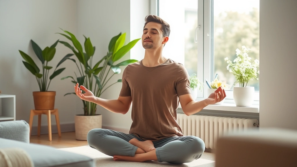 Individual meditating in comfortable home setting near window with natural light, plants visible, serene atmosphere, peaceful body language