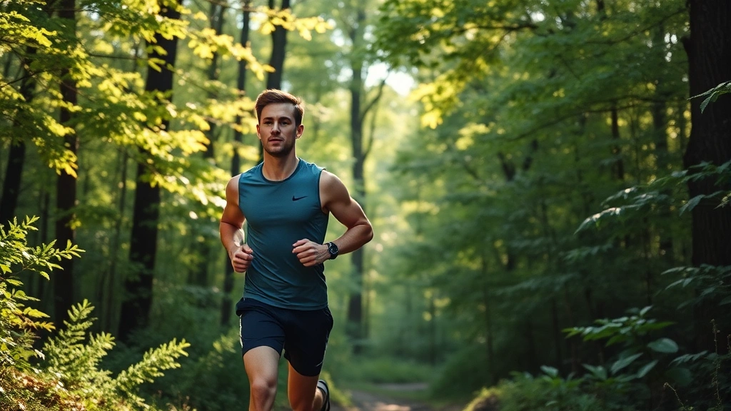 Individual jogging on forest trail surrounded by green trees, morning sunlight filtering through leaves, athletic wear, determined focused expression, natural outdoor environment, fresh air atmosphere