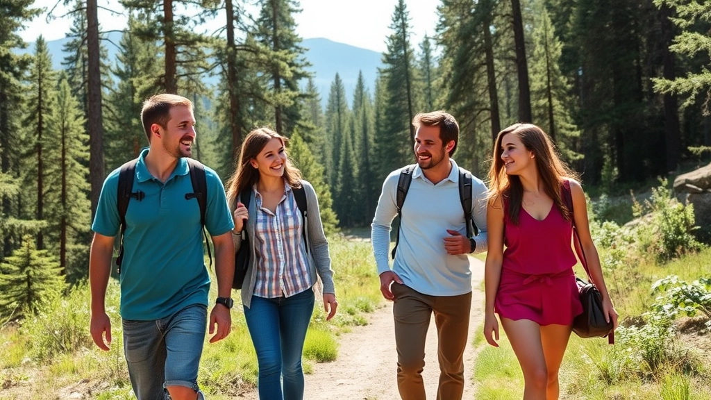 Group of people walking together on scenic trail through forest, smiling, engaged in conversation, natural outdoor setting, bright daylight