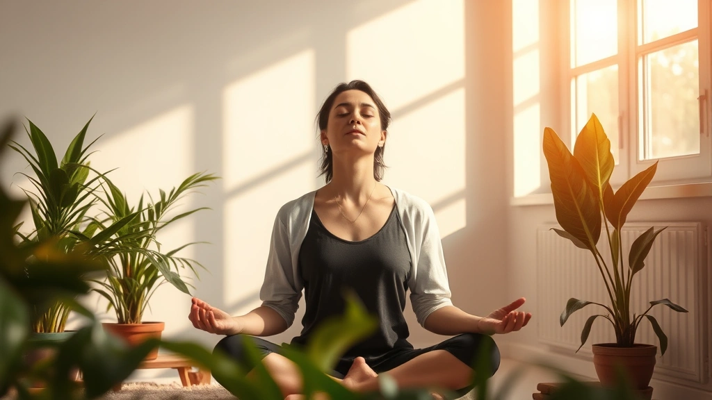 Person meditating peacefully in sunlit room with plants, eyes closed in serene concentration, warm natural lighting, minimalist aesthetic