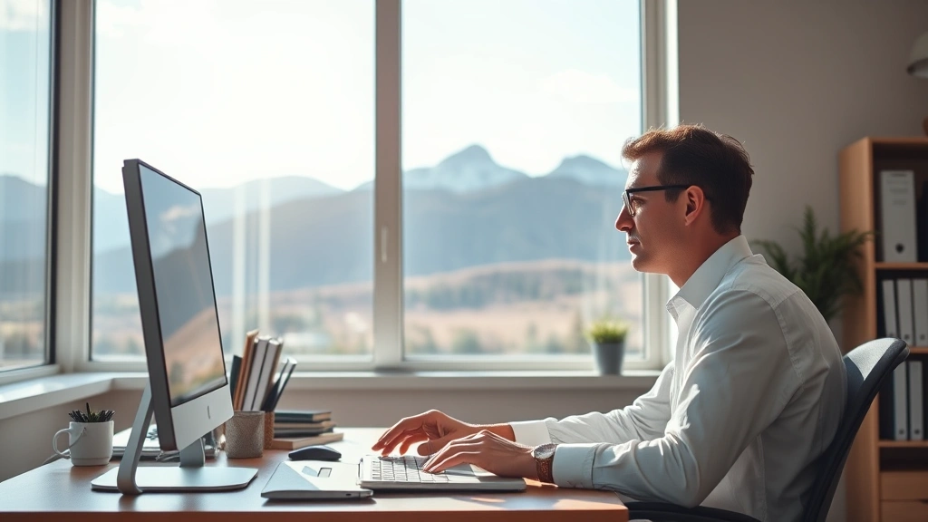 Person sitting at desk near large window with Colorado mountain view, focused on work, natural morning light streaming in, calm professional workspace with minimal clutter, peaceful concentrated expression, realistic photography
