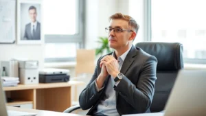 Person in professional office environment sitting at desk with clear workspace, hands clasped in contemplative focus, natural window light, calm expression, organized desk with minimal items, representing mental clarity and professional concentration