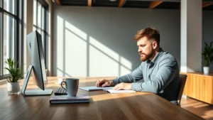 Professional working at wooden desk in bright modern office with coffee cup and notepad, focused expression, natural window light streaming in, minimalist aesthetic, photorealistic, no screens or visible text
