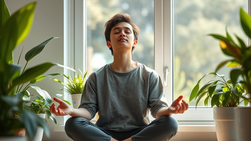 Person sitting peacefully in natural light by a window, eyes closed in meditation, surrounded by plants and calm indoor environment, photorealistic, serene expression, professional lighting, focused moment of mindfulness