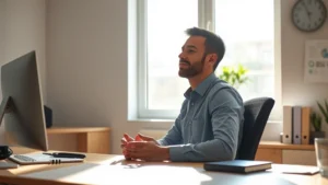 Person sitting at desk with clear mind, soft sunlight streaming through window, peaceful professional workspace, hands relaxed on desk, serene facial expression, minimalist background, photorealistic, no screens or text visible