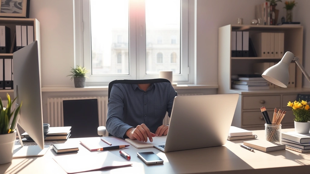 Professional working at organized desk with single task focus, morning sunlight streaming through window, calm productive environment