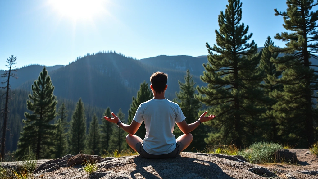 Individual meditating outdoors in Colorado mountain landscape, surrounded by pine trees and clear blue sky, sunlight filtering through trees, serene natural setting, person in cross-legged meditation pose, photorealistic daylight