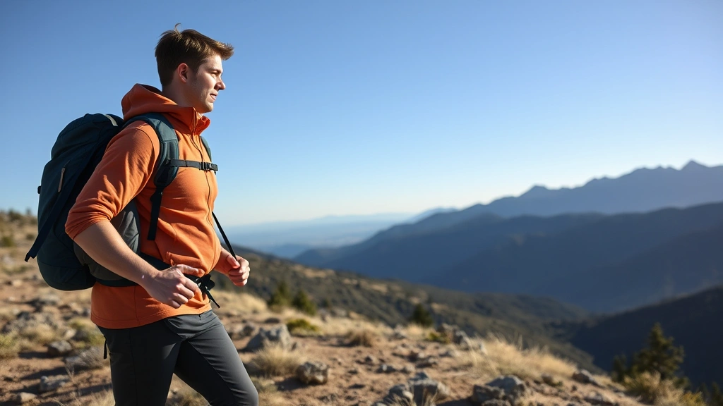 Individual hiking on Colorado mountain trail with clear sky, focused expression, natural outdoor setting, athletic movement, Denver area landscape