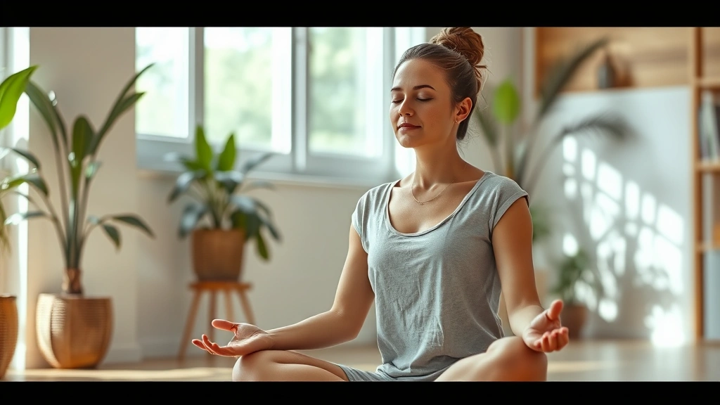 Woman in meditation pose indoors, natural light, calm expression, sitting on cushion, peaceful indoor environment, plants visible, warm neutral tones, photorealistic, focused yet relaxed demeanor, no text or objects