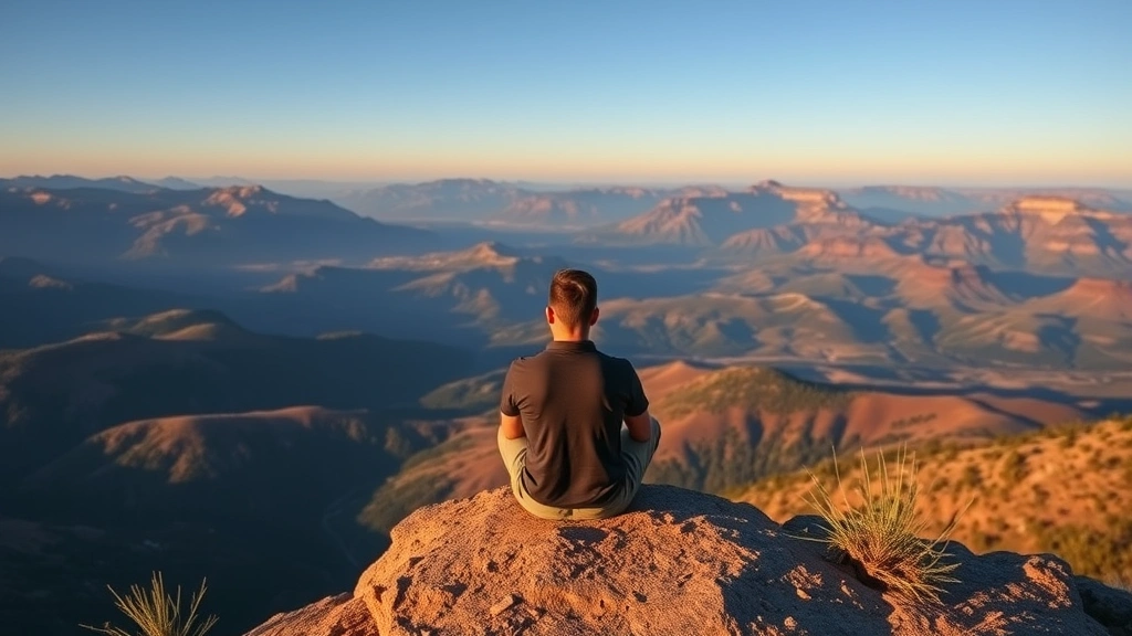 Person sitting peacefully on mountain overlook in Colorado landscape at golden hour, expansive valley view, calm contemplative posture, clear blue sky, photorealistic nature scene, no people in background