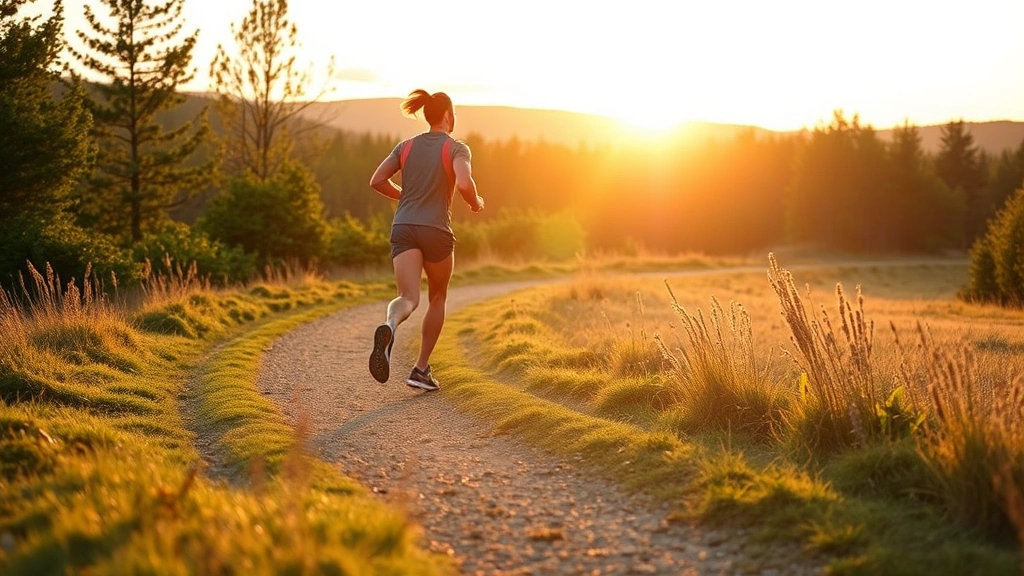 Runner jogging through natural landscape at sunrise, energetic motion capturing physical exercise benefits for cognitive performance
