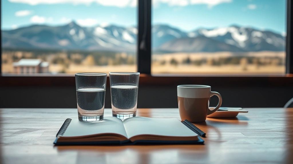 Professional workspace setup with notebook, water glass, and coffee cup on wooden desk, natural light from window, blurred Colorado landscape background, organized minimalist office environment, realistic workspace photography