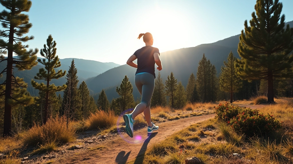 Person exercising outdoors in morning sunlight, jogging or walking on nature trail with trees, energetic posture, representing movement benefits for mental health and cognitive function, Colorado mountain landscape setting