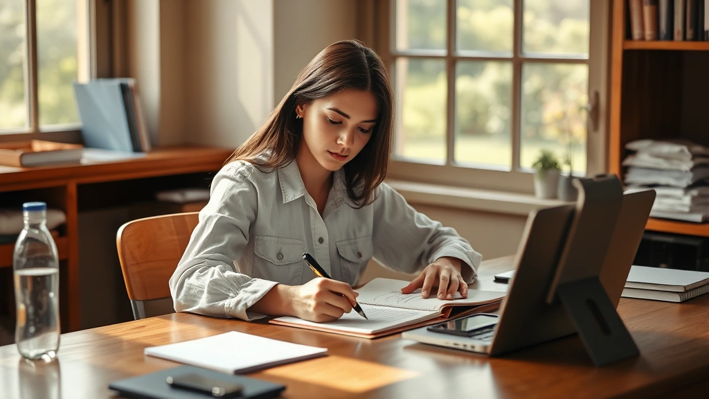 Person writing or working at wooden desk with water bottle nearby, natural window light, calm focused expression, organized workspace with minimal distractions, photorealistic, professional concentration state