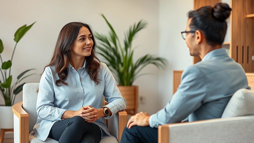 Professional therapist and client in comfortable consultation room, warm lighting, person looking relieved and focused, neutral counseling space with plants, natural wood furniture, genuine human connection visible, photorealistic, no documents or screens visible