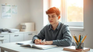 Young college student sitting at desk in bright natural light near window, focused and attentive while writing in notebook, clean organized workspace, peaceful calm expression, warm sunlight streaming across face and desk, photorealistic