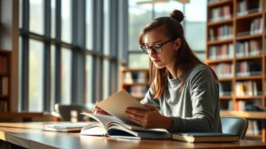 College student in modern library study room, focused on textbook with soft natural light from large windows, calm expression, wooden desk with minimal items, warm lighting atmosphere