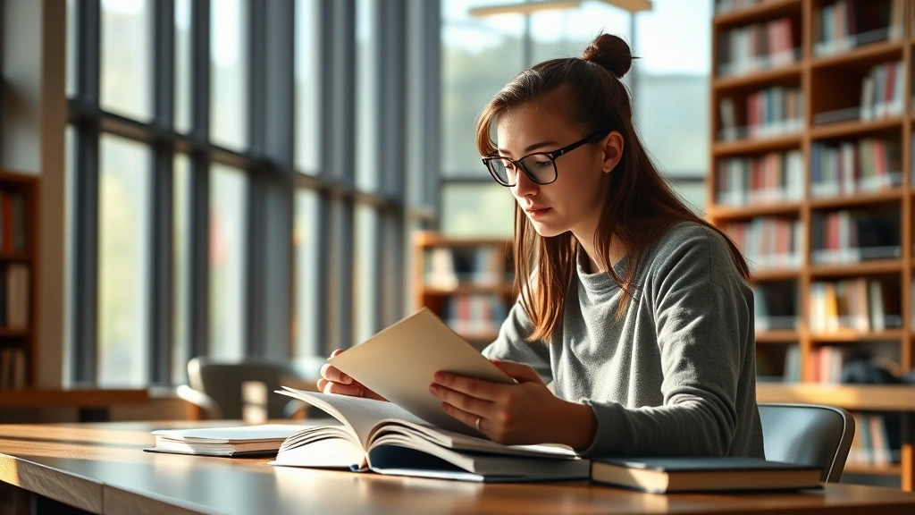 College student in modern library study room, focused on textbook with soft natural light from large windows, calm expression, wooden desk with minimal items, warm lighting atmosphere