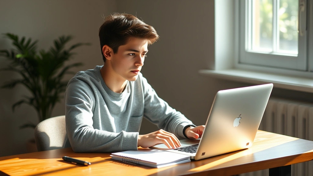 College student sitting at wooden desk in sunlit room, focused intently on laptop with notebook beside, peaceful expression, natural morning light streaming through window, plant visible in background, professional photography