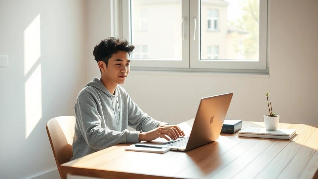 A college student sitting at a minimalist wooden desk with natural sunlight streaming through a large window, laptop open, completely absorbed in work with peaceful expression, clean organized workspace with single plant, photorealistic, no visible text or screens