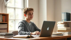 College student sitting at desk with focused expression, natural daylight streaming through window, minimalist study environment with books and laptop, calm and concentrated demeanor